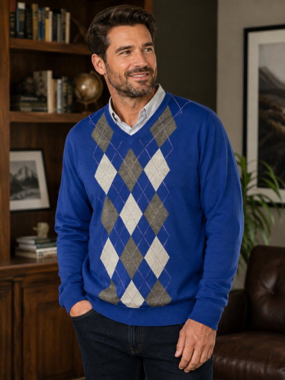 Jos A Bank Classic Long Sleeve V-Neck Blue Gray Argyle L Cotton Preppy Pullover